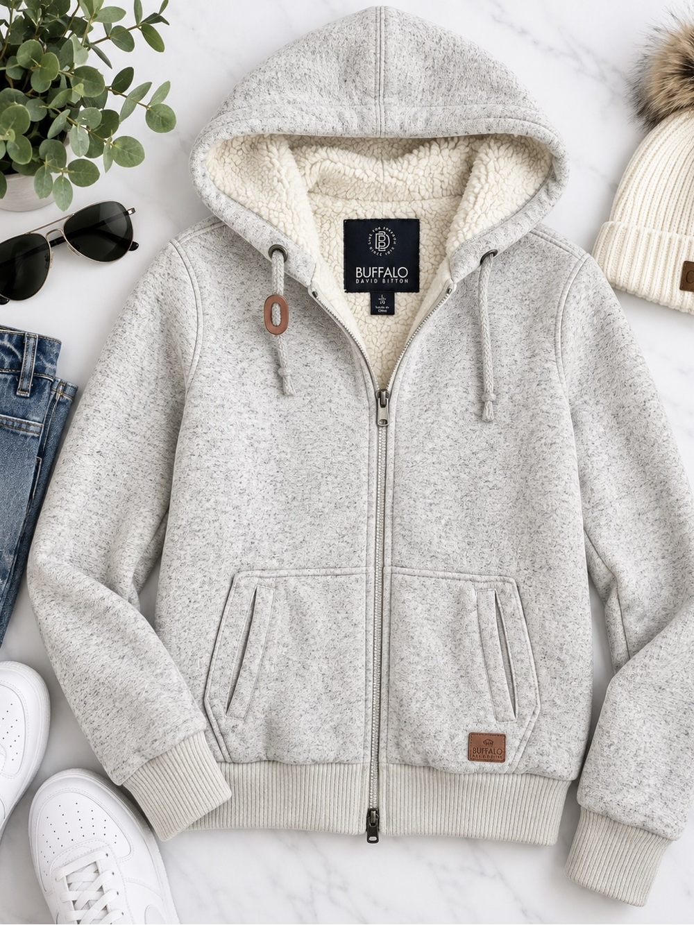 Buffalo David Bitton Sherpa Lined Full Zip Hoodie Gray Size Large